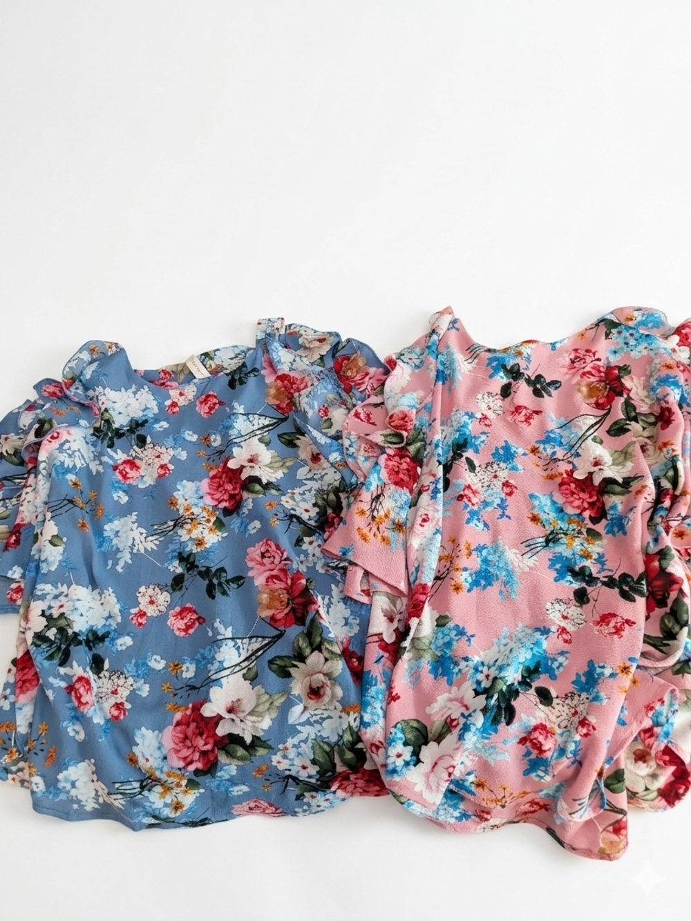 Peppermint Floral Ruffle Sleeve Tops - Blue & Pink
